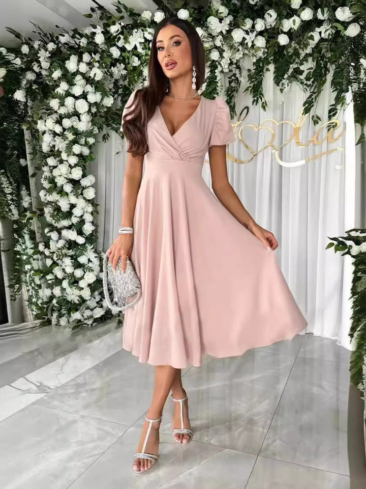 Damen elegantes Wickelkleid mit bezaubernden Puffärmeln Drune