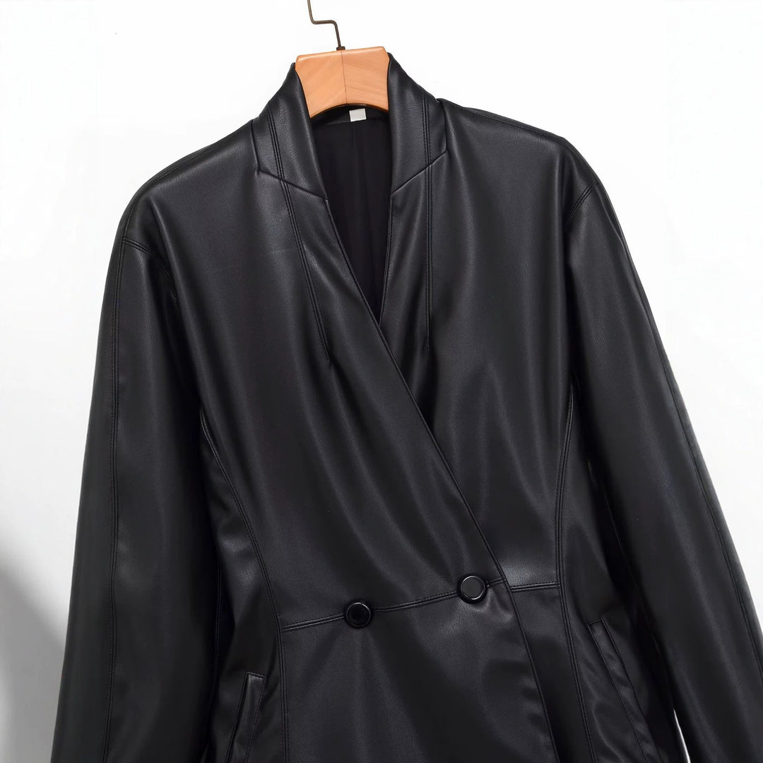 Damen Langer doppeltreihiger Blazer‑Mantel aus veganer Lederoptik mit Schalkragen Drune