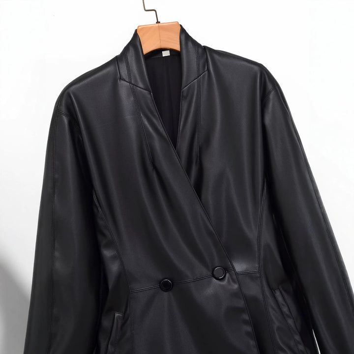 Damen Langer doppeltreihiger Blazer‑Mantel aus veganer Lederoptik mit Schalkragen Drune