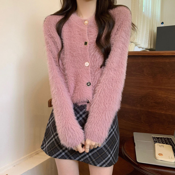 Damen kuschelige Strickjacke mit Knöpfen und weichem Fellstruktur Drune
