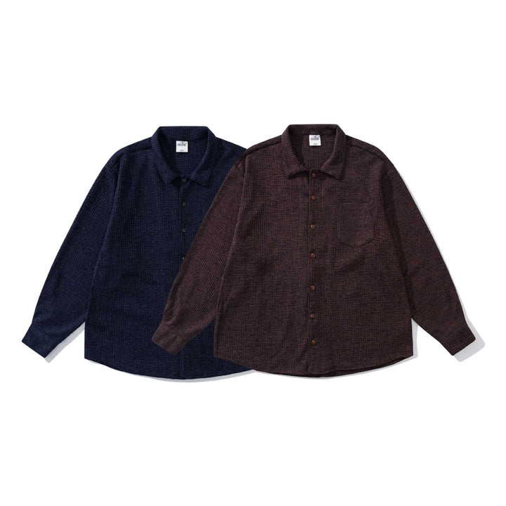 Unisex strukturierte Strick-Hemdjacke mit Kentkragen und aufgesetzter Brusttasche Drune