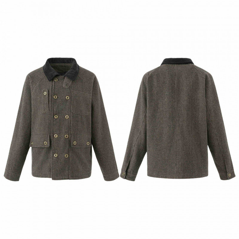 Herren Doppelreihige Wollmix-Fieldjacke im Hahnentritt mit Cordkragen und Pattentaschen Drune