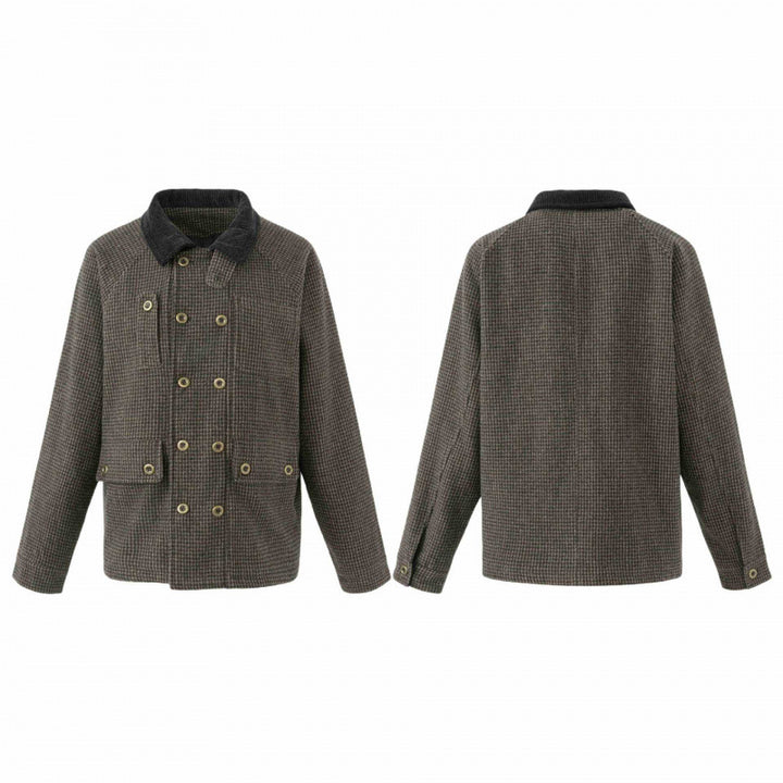 Herren Doppelreihige Wollmix-Fieldjacke im Hahnentritt mit Cordkragen und Pattentaschen Drune