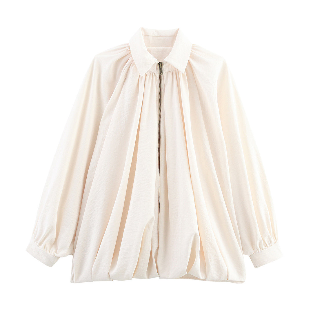 Damen nan oversize geraffte Bluse mit Ballonärmeln und Frontreißverschluss Drune