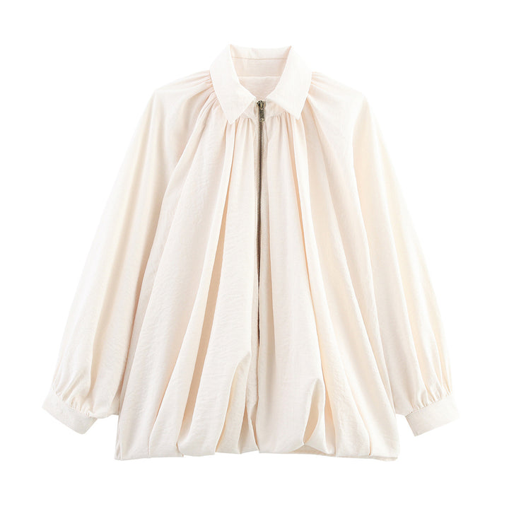 Damen nan oversize geraffte Bluse mit Ballonärmeln und Frontreißverschluss Drune