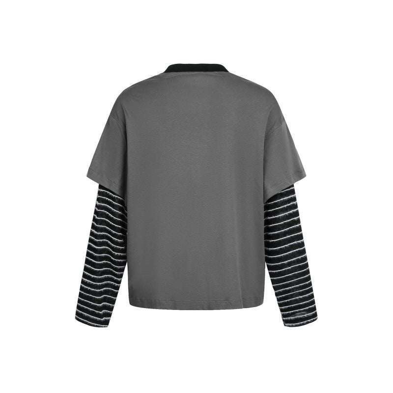 Damen Lagenlook-Longsleeve mit Grafikprint, gestreiften Einsatzärmeln und dekorativen Schulterträgern Drune