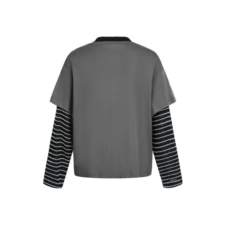 Damen Lagenlook-Longsleeve mit Grafikprint, gestreiften Einsatzärmeln und dekorativen Schulterträgern Drune