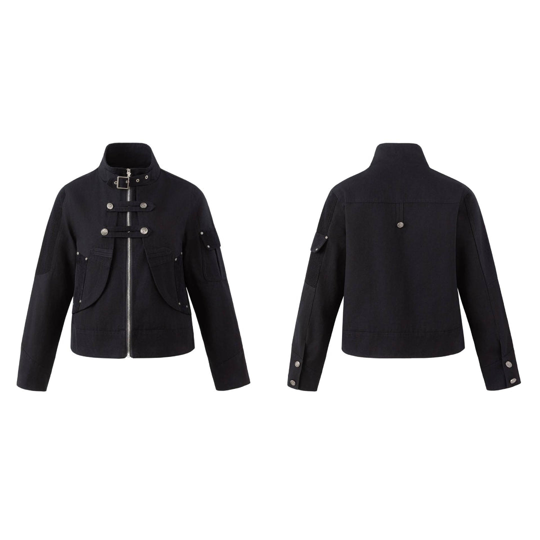 Herren Military-inspirierte Kurzjacke mit Stehkragen, Schnallenriemen und dekorativen Pattentaschen Drune