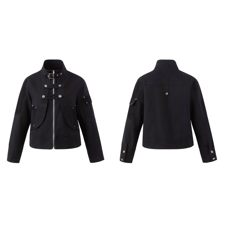 Herren Military-inspirierte Kurzjacke mit Stehkragen, Schnallenriemen und dekorativen Pattentaschen Drune