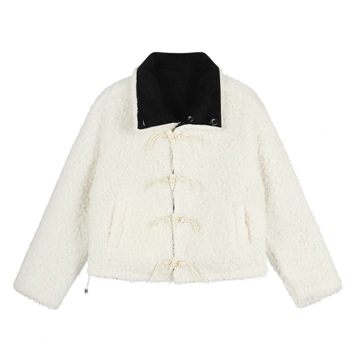 Damen Kurzgeschnittene Lammfell‑Optik Fliegerjacke mit Teddyfutter und Reverskragen Drune