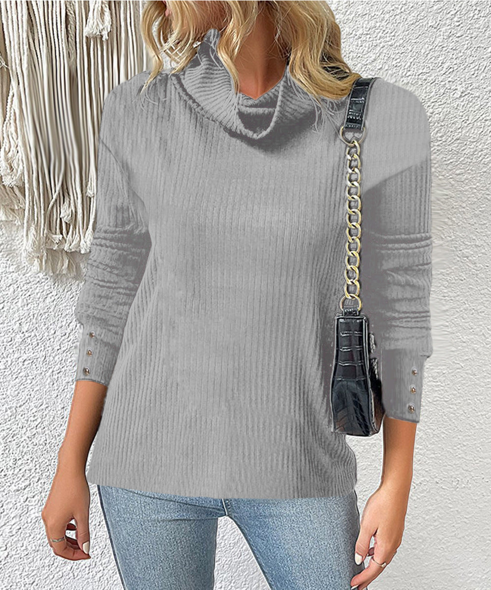 Damen Rippschneider Rollkragenpullover mit 3/4-Ärmeln und dekorativer Knopfleiste Drune