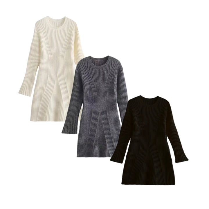Damen Geripptes Feinstrick-Minikleid mit Glockenärmeln und taillierter Passform Drune