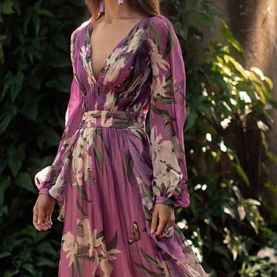 Damen Maxikleid mit tiefem V-Ausschnitt, floralem Design und schwingendem Rock Drune