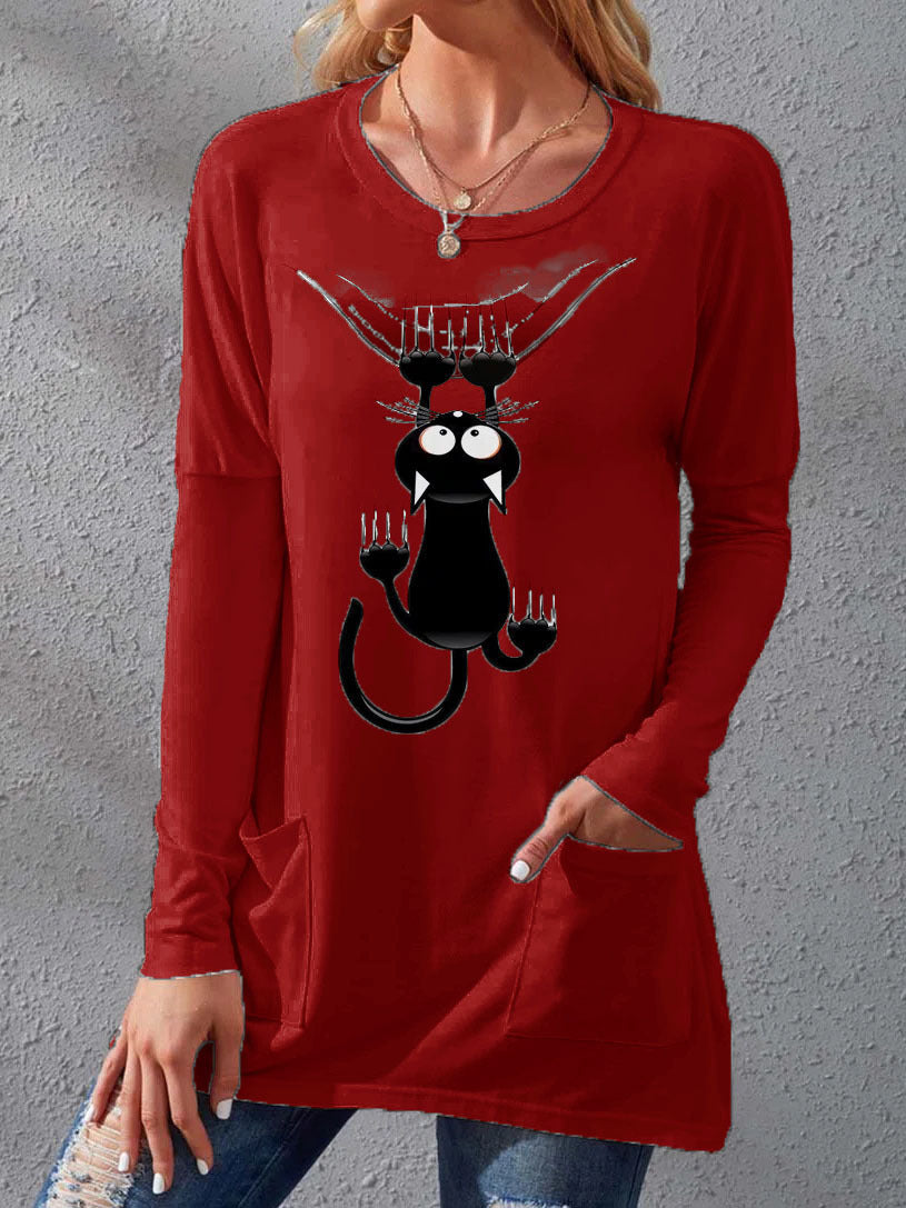 Damen Langere Baumwollmischung Tunika Shirt mit Cartoon-Katzen-Druck und Seitentaschen Drune