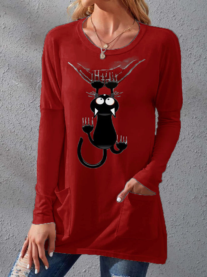 Damen Langere Baumwollmischung Tunika Shirt mit Cartoon-Katzen-Druck und Seitentaschen Drune