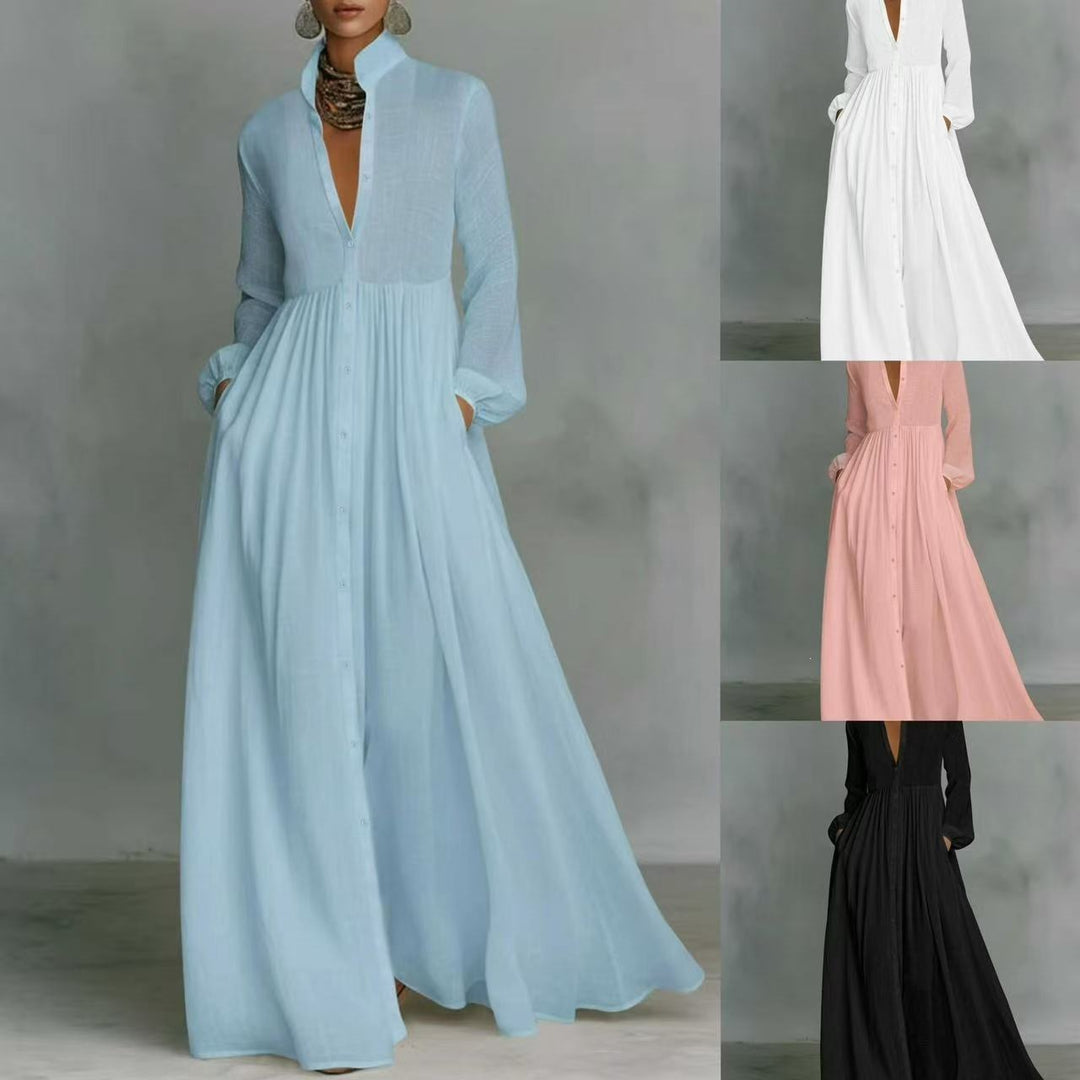 Damen Maxikleid mit Stehkragen, durchgehender Knopfleiste, taillenhoher Raffung und Eingrifftaschen Drune