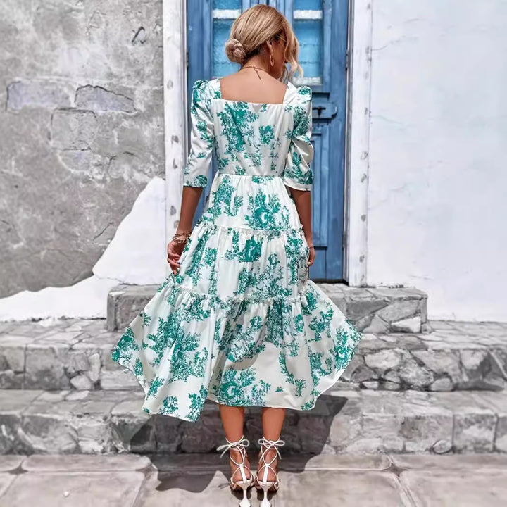 Damen Midikleid mit voluminösen Puffärmeln und floralem Design Drune