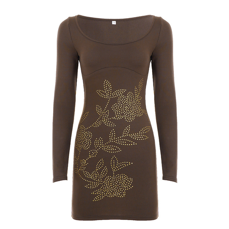 Damen Figurbetontes Minikleid mit langen Ärmeln und floraler Nietenapplikation Drune