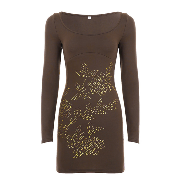 Damen Figurbetontes Minikleid mit langen Ärmeln und floraler Nietenapplikation Drune