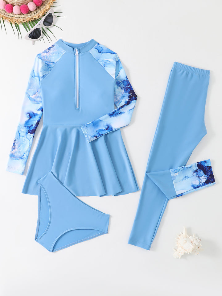 Damen Sportliches Schwimmanzug-Set mit langärmligem Oberteil und figurbetonenden Leggings Drune