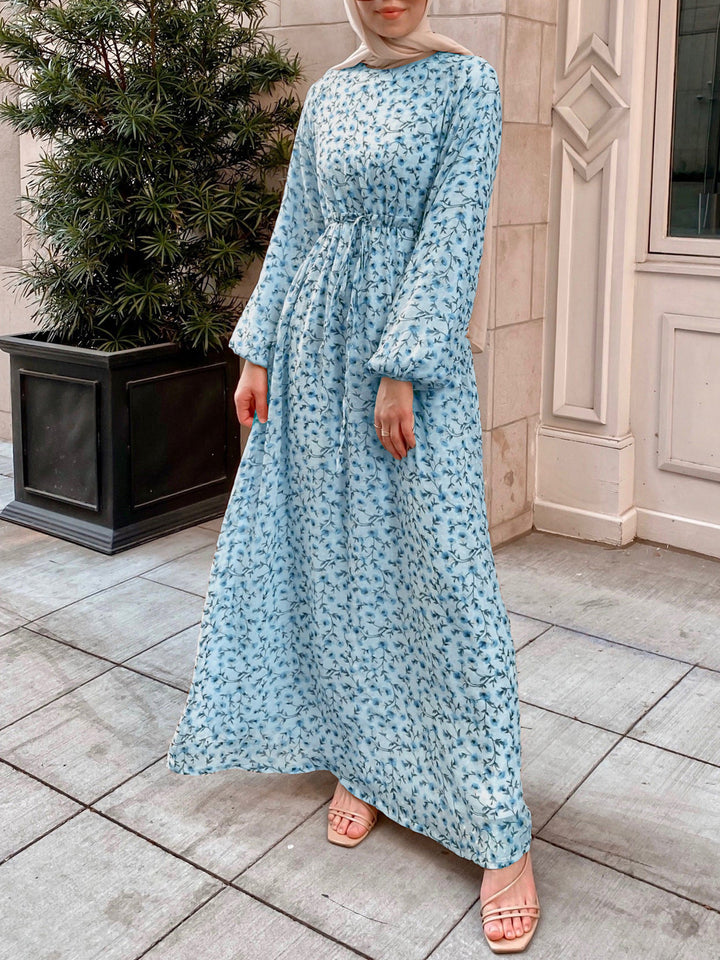 Damen Geblümtes Maxikleid mit Kordel-Taille und Ballonärmeln Drune