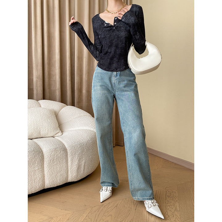 Damen Figurbetonte Bootcut-Jeans mit hohem Bund und seitlichen Schlitzen Drune