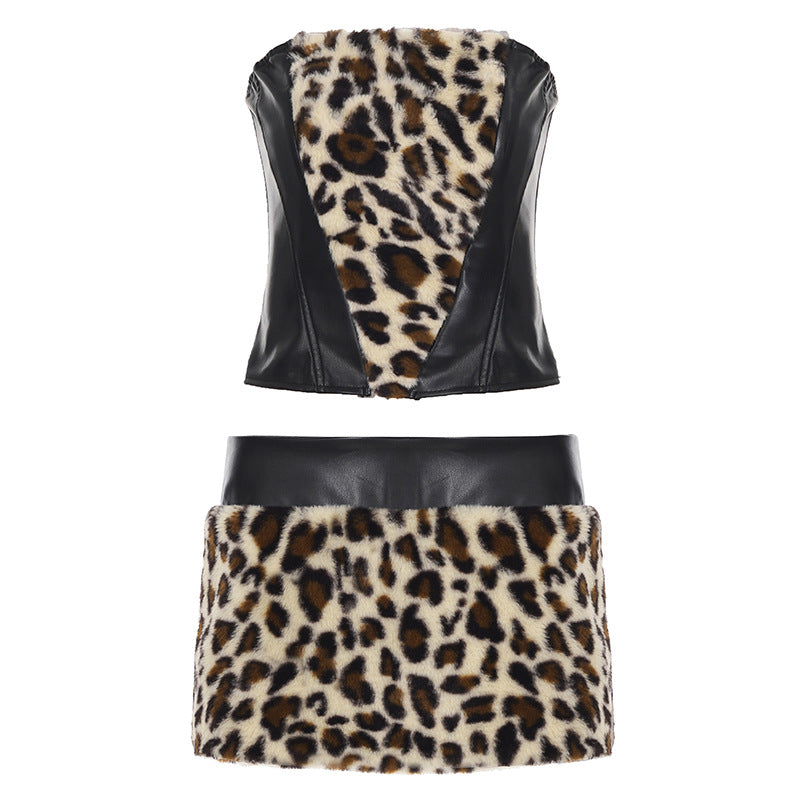 Damen Oberteil und Rockset mit Leopardenmuster und Kunstlederdetails Drune