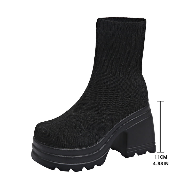 Damen Chunky Stiefeletten mit hohem Absatz und flexiblem Strickdesign Drune