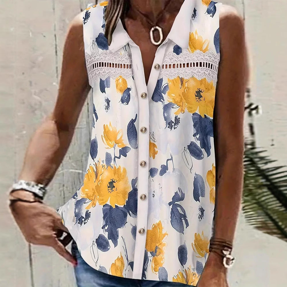 Damen nan Seidenimitat-Buttondown-Top mit Spitzenpasse und Perlenknopfleiste Drune