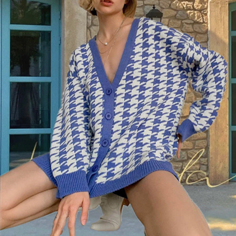 Damen Grobstrickjacke mit modernem Karomuster und großen Knöpfen Drune