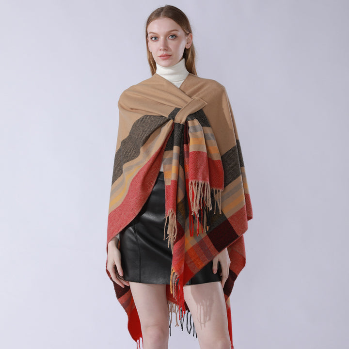 Damen Cape-Umhang aus Wollmix mit Bindegürtel und Karodessin Drune
