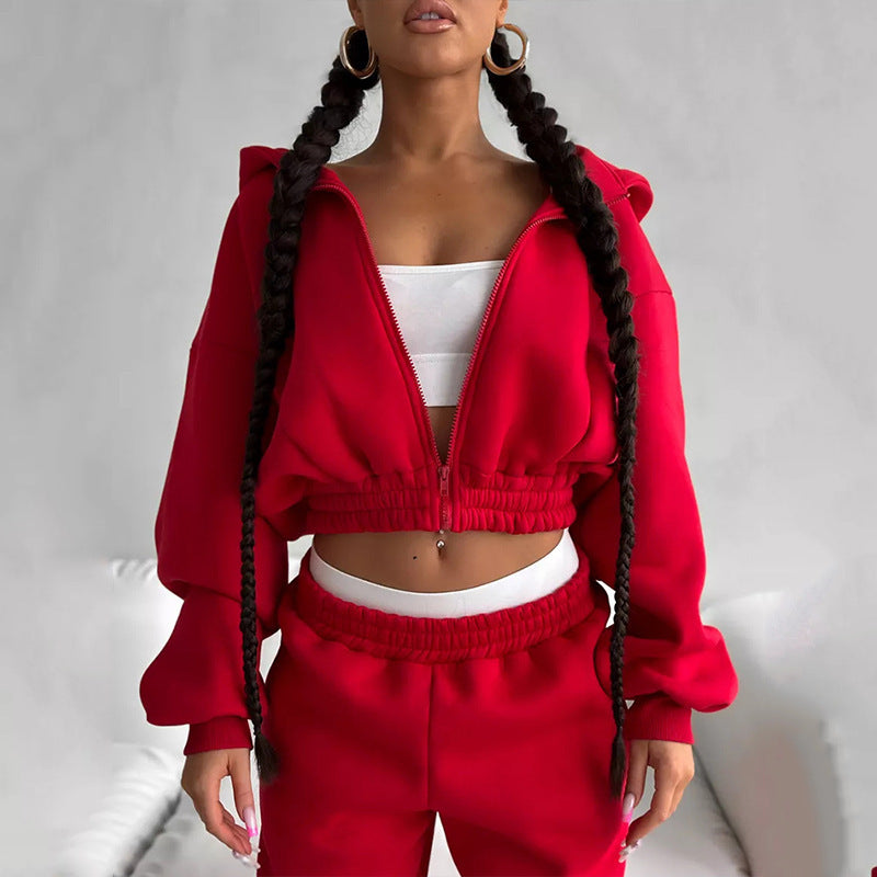Damen Cropped‑Zip‑Hoodie mit Ballonärmeln und hochgeschnittener Jogginghose mit gerafftem Taillenbund Drune