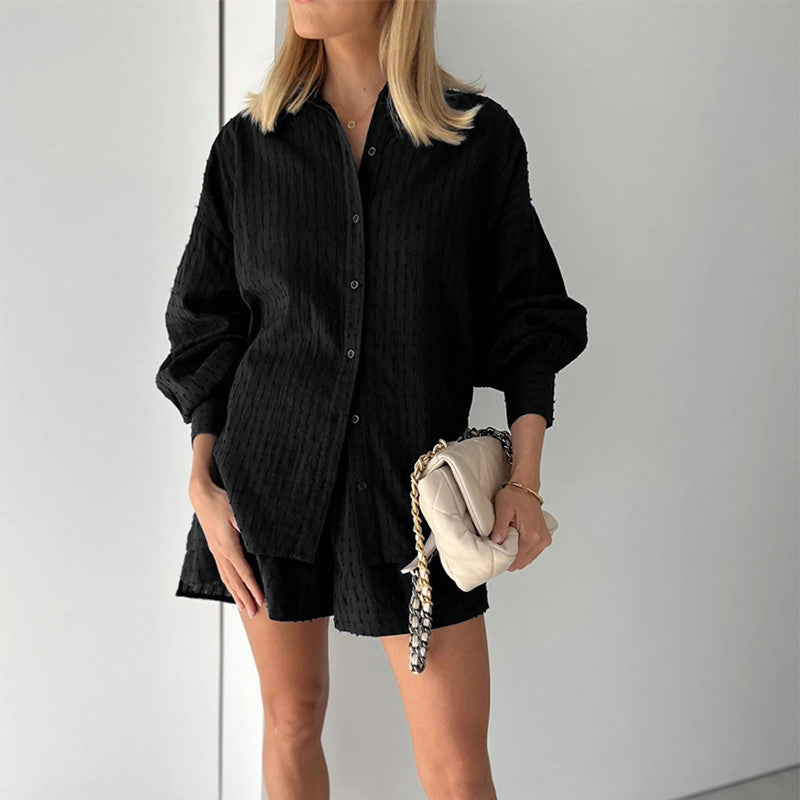 Damen lässiges Hemd-Shorts-Set mit elegantem Webmuster Drune