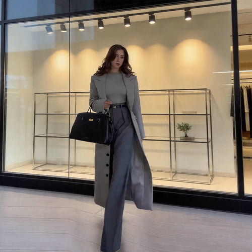 Damen Longline-Mantel aus Wollmix mit figurnaher Silhouette, Reverskragen und durchgehender Knopfleiste Drune
