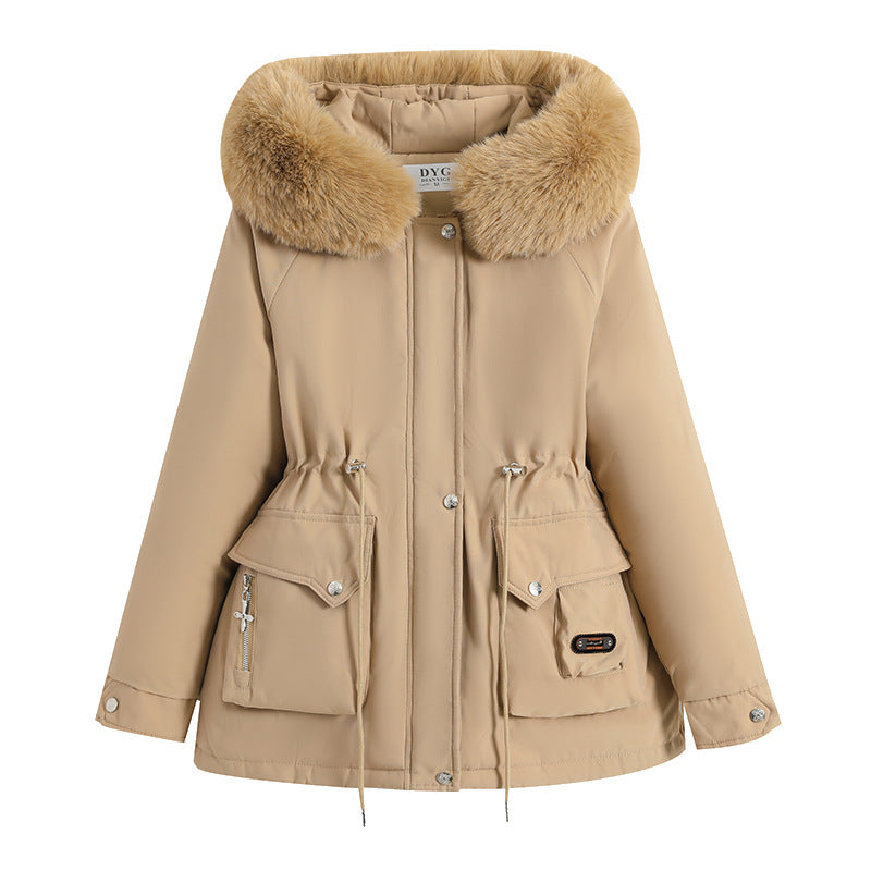 Damen nan kurzer Thermo-Parka mit voluminösem Schalkragen in Webpelzoptik und taillierendem Tunnelzug Drune