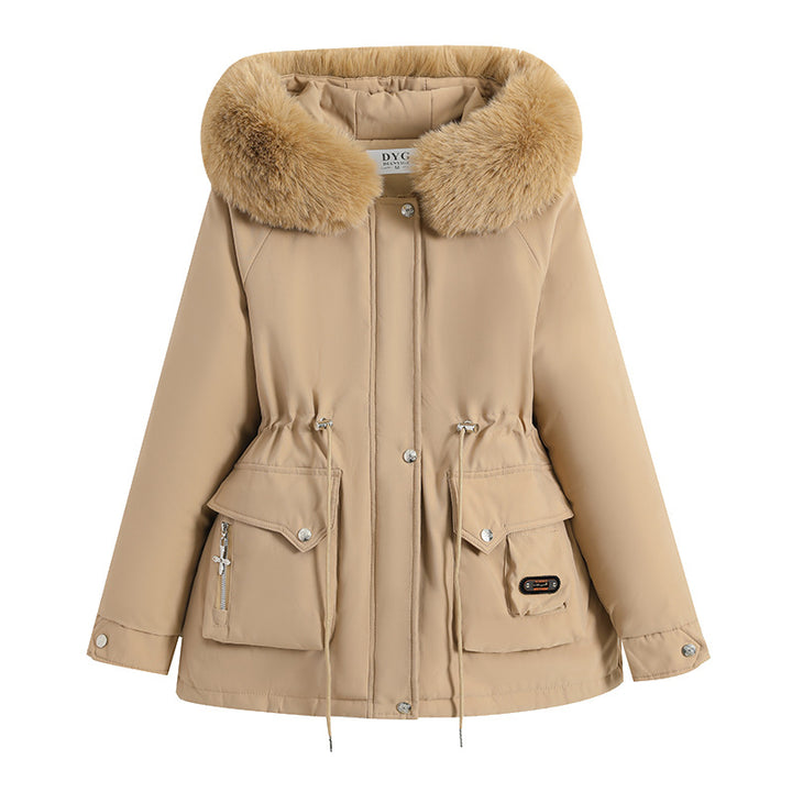 Damen nan kurzer Thermo-Parka mit voluminösem Schalkragen in Webpelzoptik und taillierendem Tunnelzug Drune