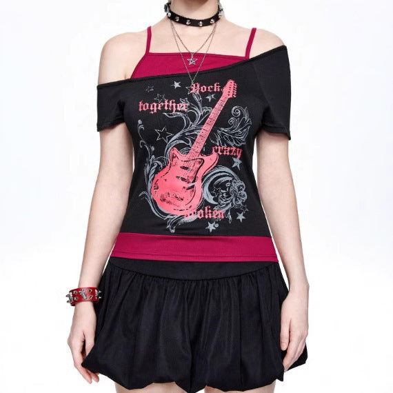 Damen Asymmetrisches Rock-T-Shirt mit grafischem Druck Drune