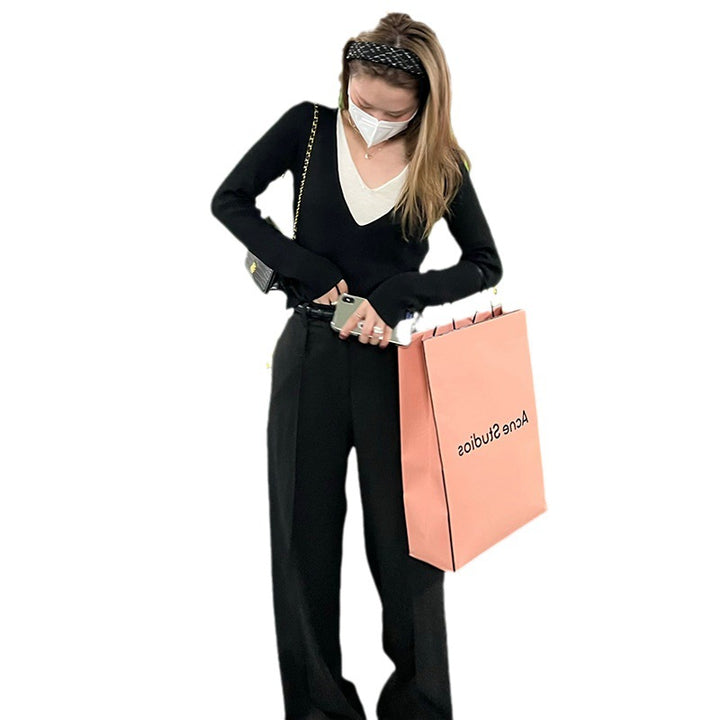 Damen V-Ausschnitt Pullover aus feinem Rippstrick Drune
