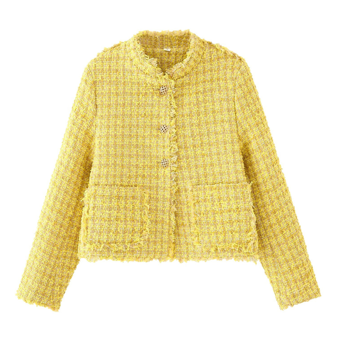 Damen Bouclé‑Tweed‑Cropped‑Jacke mit Fransen und Zierknöpfen Drune