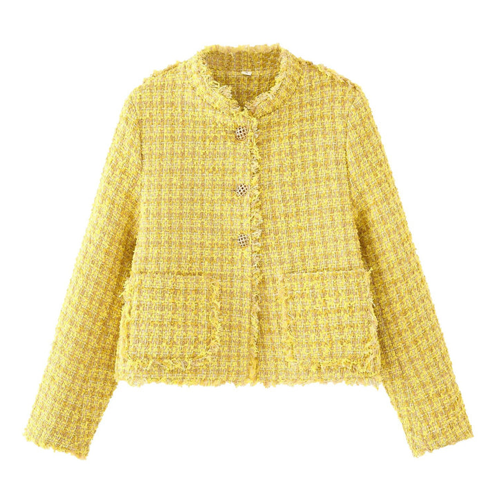 Damen Bouclé‑Tweed‑Cropped‑Jacke mit Fransen und Zierknöpfen Drune