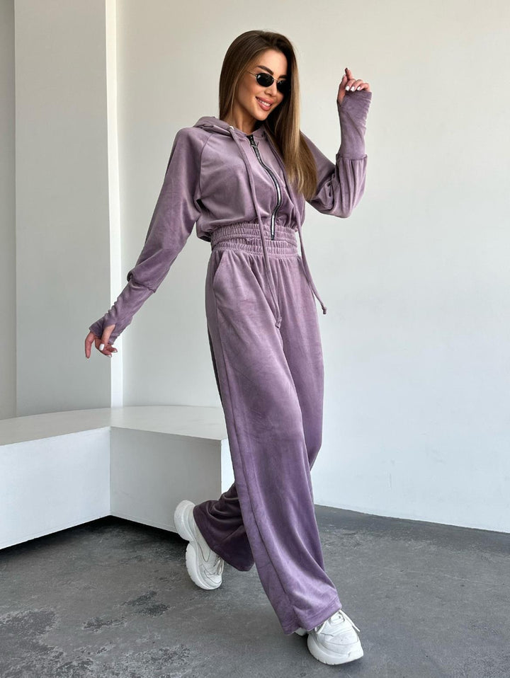 Damen Velours-Lounge-Set mit Cropped Kapuzenjacke und High-Waist weitem Bein Drune