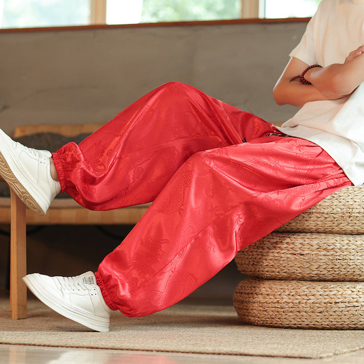 Herren nan weite Jacquard-Satin-Haremshose mit Tunnelzug, elastischen Bündchen und traditionellem Drachenmotiv Drune