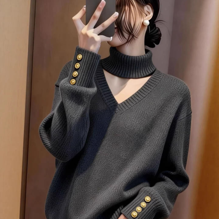 Damen Luxus Strickpullover mit Rollkragen und Knopfdetails Drune