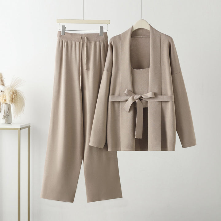 Damen gemütliches Freizeit-Loungewear-Set mit Bindegürtel und weitgeschnittenen Hosen Drune