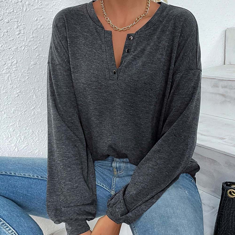Damen lässiges Oversize-Henley-Longsleeve mit V-Knopfleiste und Ballonärmeln Drune