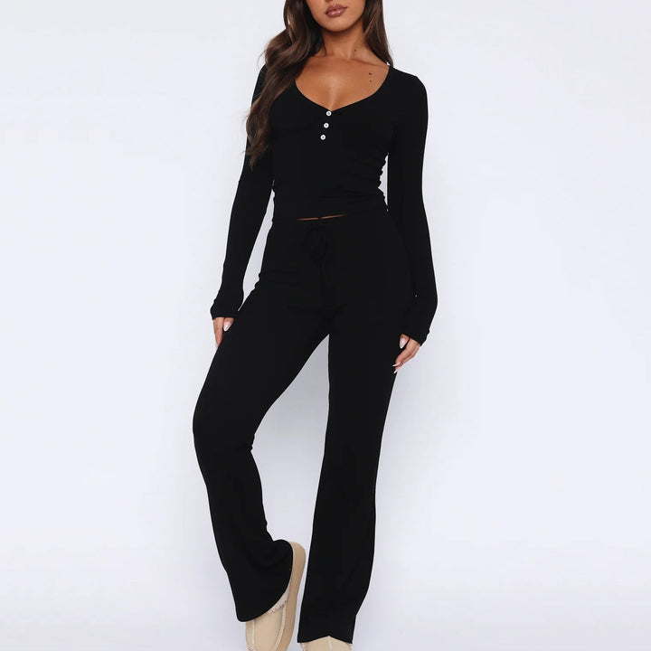 Damen gemütliches Lounge-Set mit langem Oberteil und flared Hose Drune