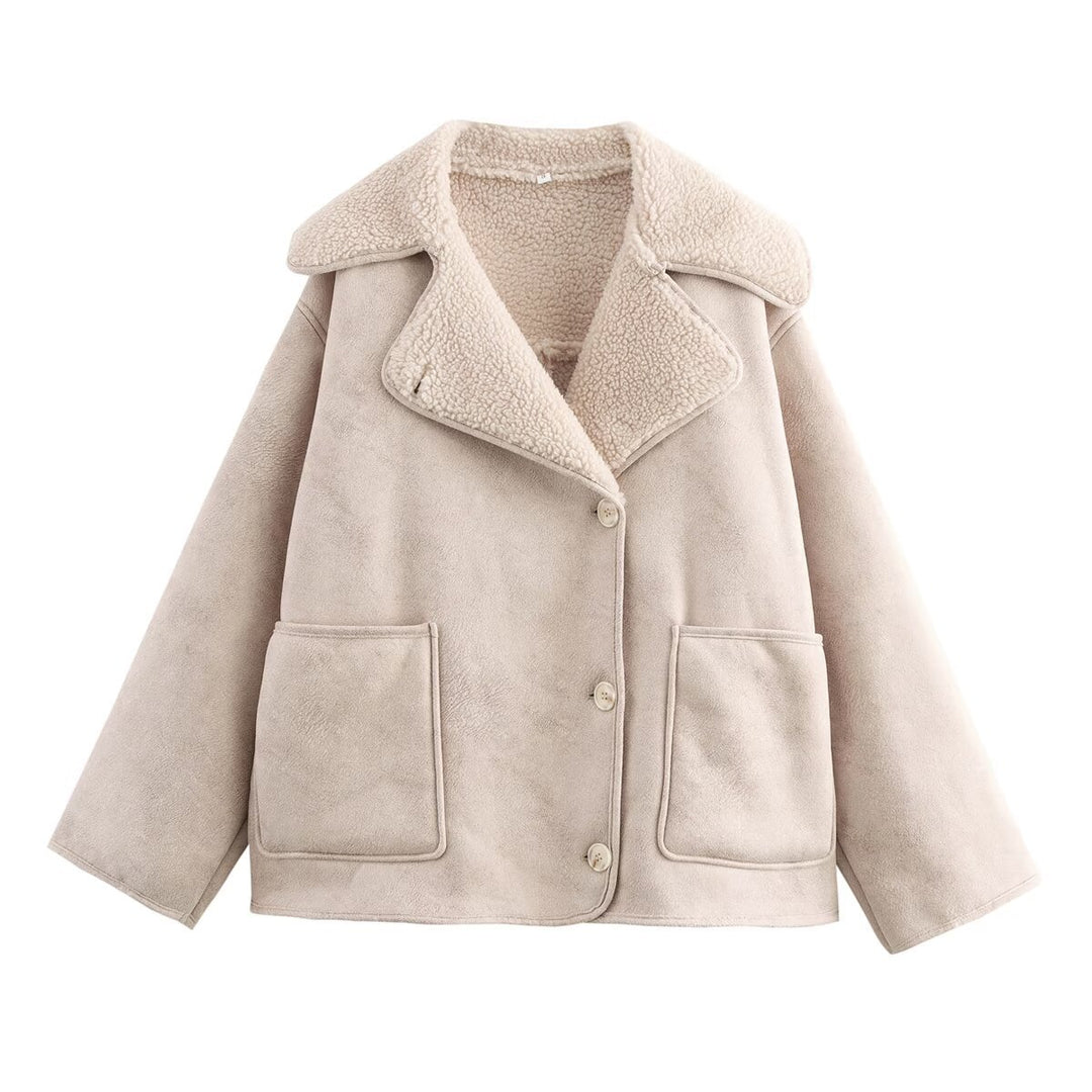 Damen Kurz geschnittener Oversized Lammfellimitat-Mantel mit Teddy-Kragen Drune