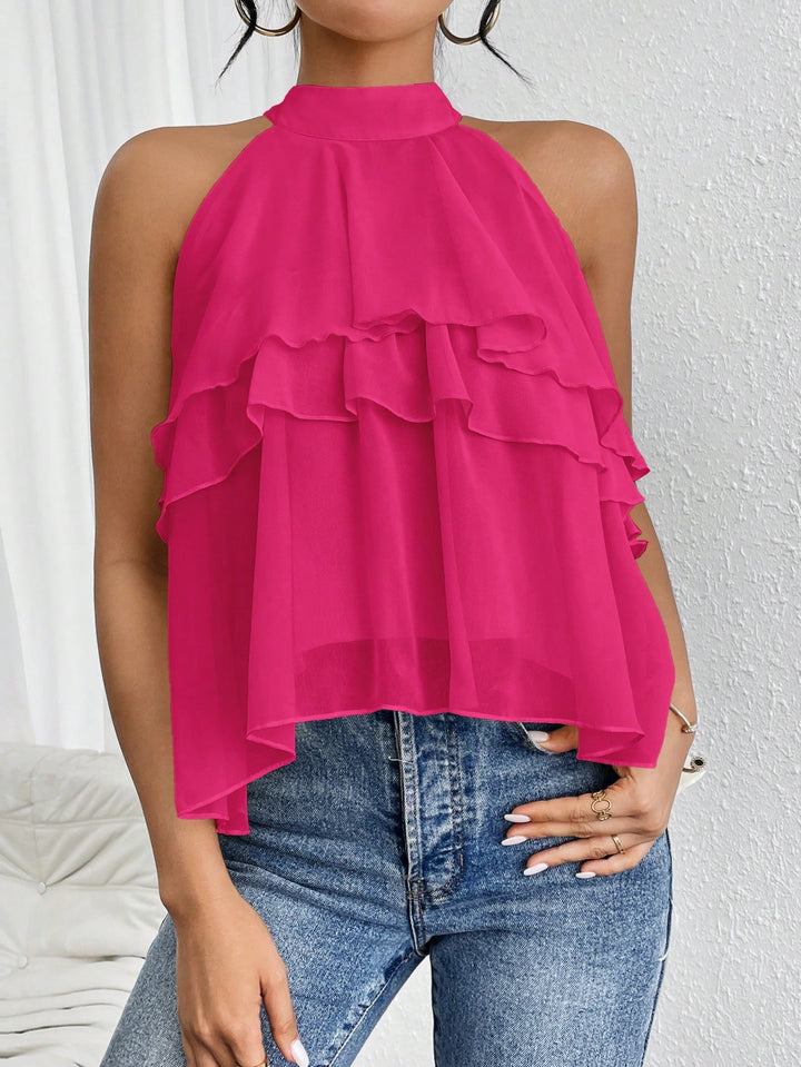 Damen Luftiges Chiffon-Top mit Stehkragen und mehrlagigen Volants Drune