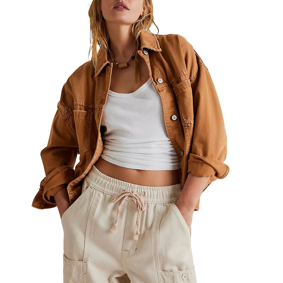 Damen Oversized Jeansjacke mit fransigem Saum und lässigem Schnitt Drune