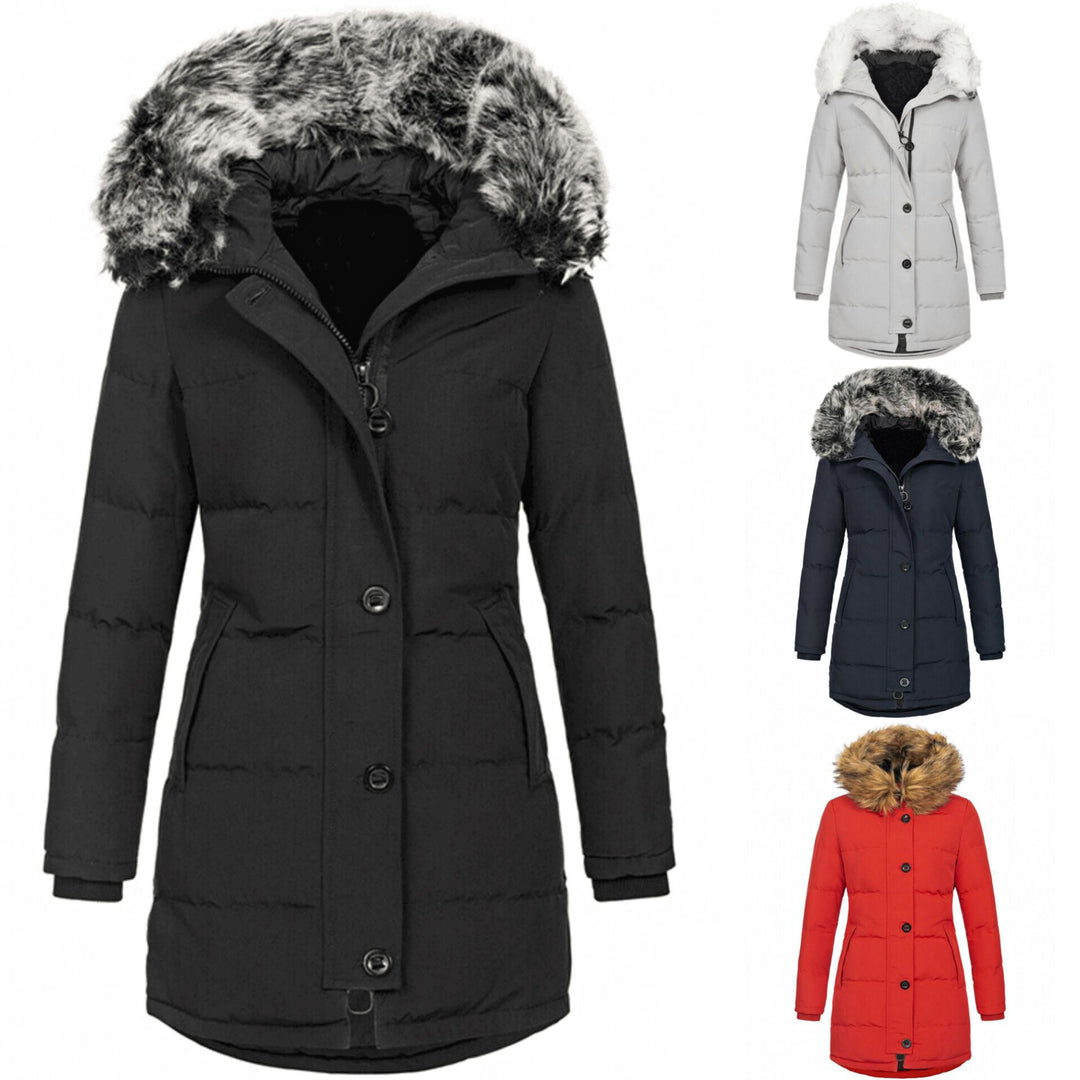 Damen Thermo-Parka mit taillierter Silhouette, Knopfleiste & abnehmbarer Kunstfellkapuze Drune